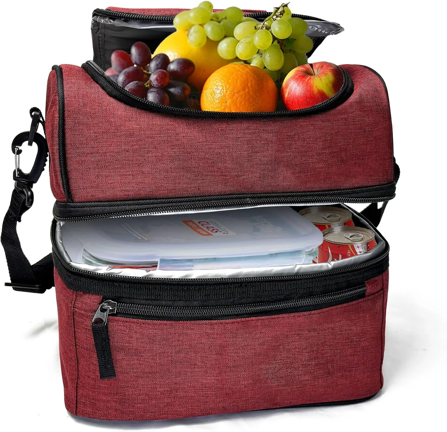 Lunch Box For Men & Women, Insulated Large Lunch Bag For Work, Double Decker Lunchbox.Leakproof Lunch Cooler, Adjustable Strap, Ideal for Work, Picnic, Travel（Red）