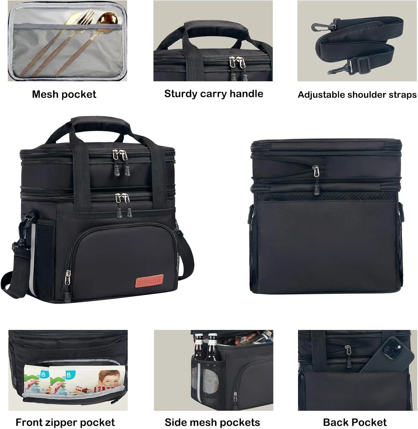 Lunch Box For Men/Women,Large Double-layer Insulated Expandable Reusable Leakproof Cooler Bags For Adults,Lunch Bag With Adjustable Shoulder Strap For Office Travel Picnic（Black）