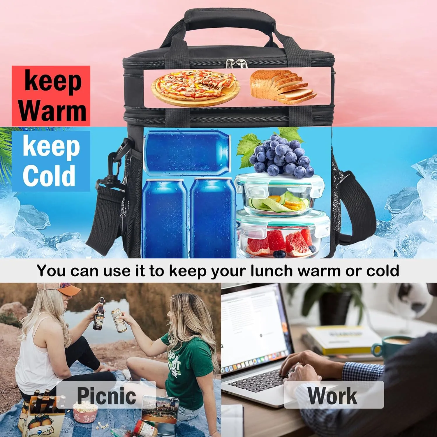 Lunch Box For Men/Women,Large Double-layer Insulated Expandable Reusable Leakproof Cooler Bags For Adults,Lunch Bag With Adjustable Shoulder Strap For Office Travel Picnic（Black）
