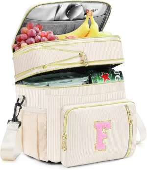 Lunch Box for Women Insulated Lunch Bag-16L-Leakproof Cooler Bag Personalized Adult Lunch Box with Adjustable Shoulder Strap, Gift for Women/Stuff/Teacher for Work Picnin Travel, Beige, Initial F