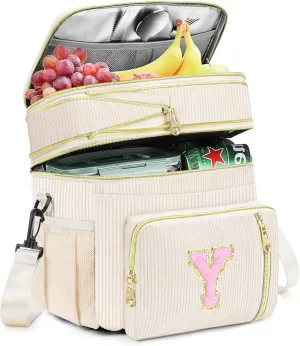 Lunch Box for Women Insulated Lunch Bag-16L-Leakproof Cooler Bag Personalized Adult Lunch Box with Adjustable Shoulder Strap, Gift for Women/Stuff/Teacher for Work Picnin Travel, Beige, Initial Y