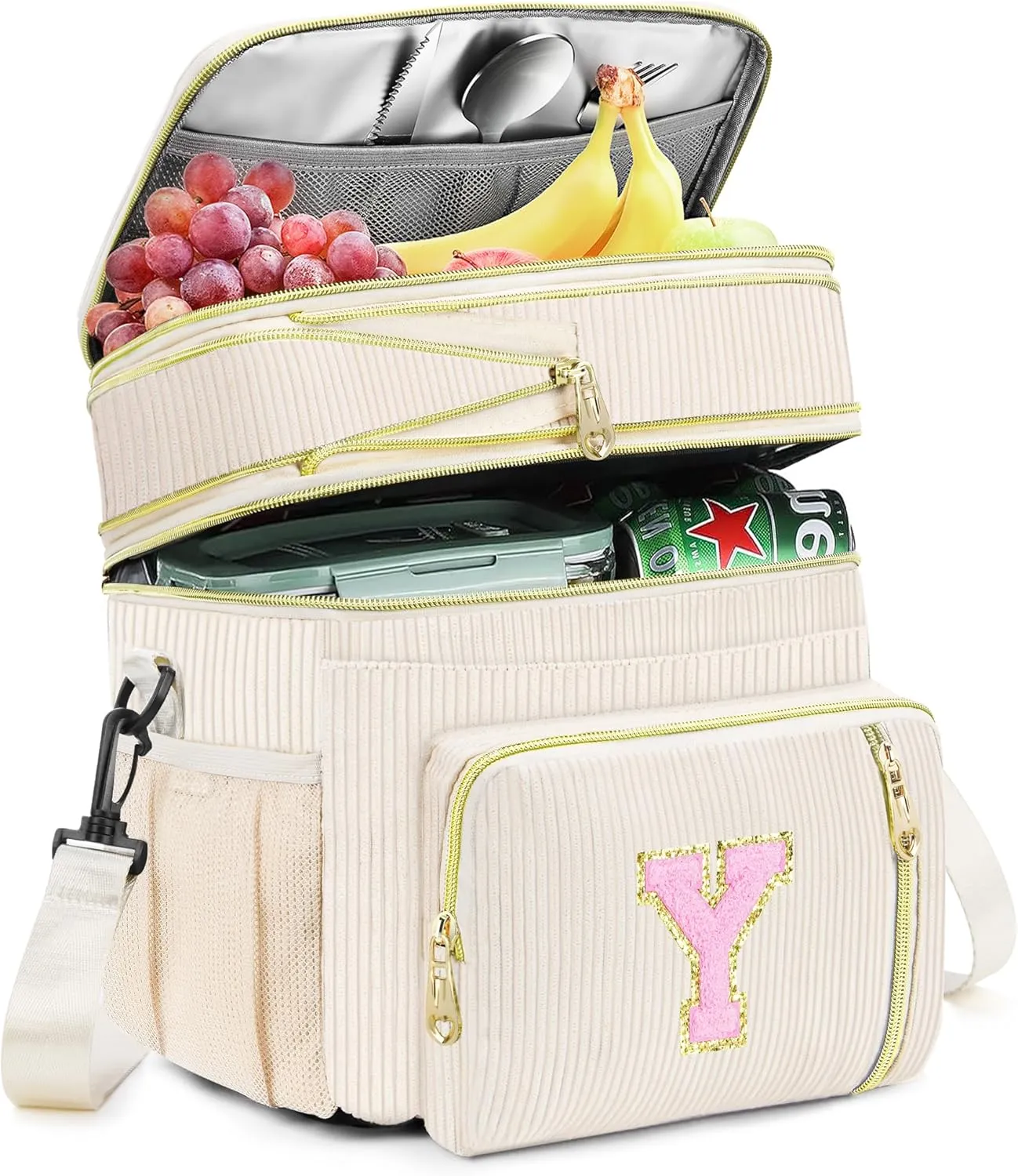 Lunch Box for Women Insulated Lunch Bag-16L-Leakproof Cooler Bag Personalized Adult Lunch Box with Adjustable Shoulder Strap, Gift for Women/Stuff/Teacher for Work Picnin Travel, Beige, Initial Y