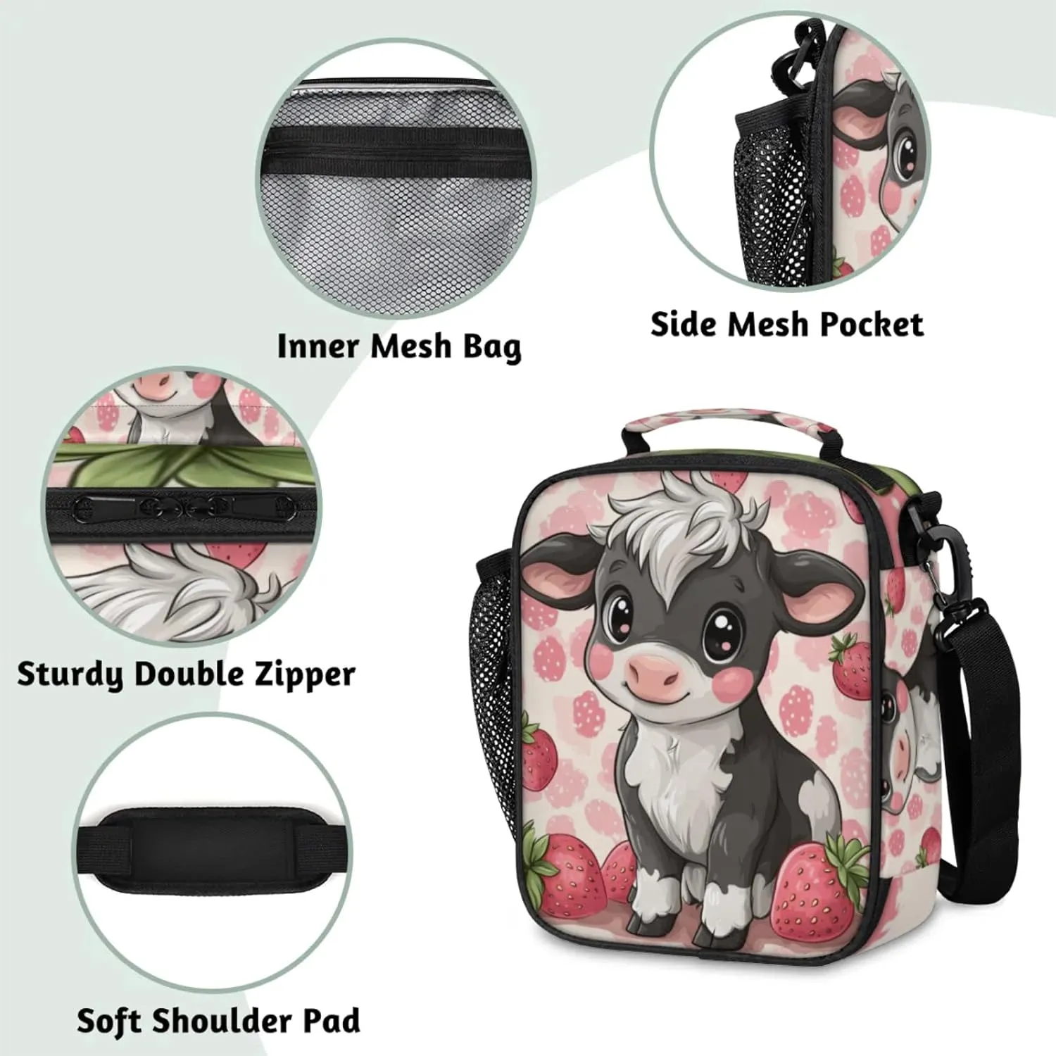 Lunch Boxes Bag for Kids - Insulated Leakproof Lunchbox for Boys Girls Portable Lunch Cooler Tote Bag for School Work Picnic with Shoulder Strap(Cow