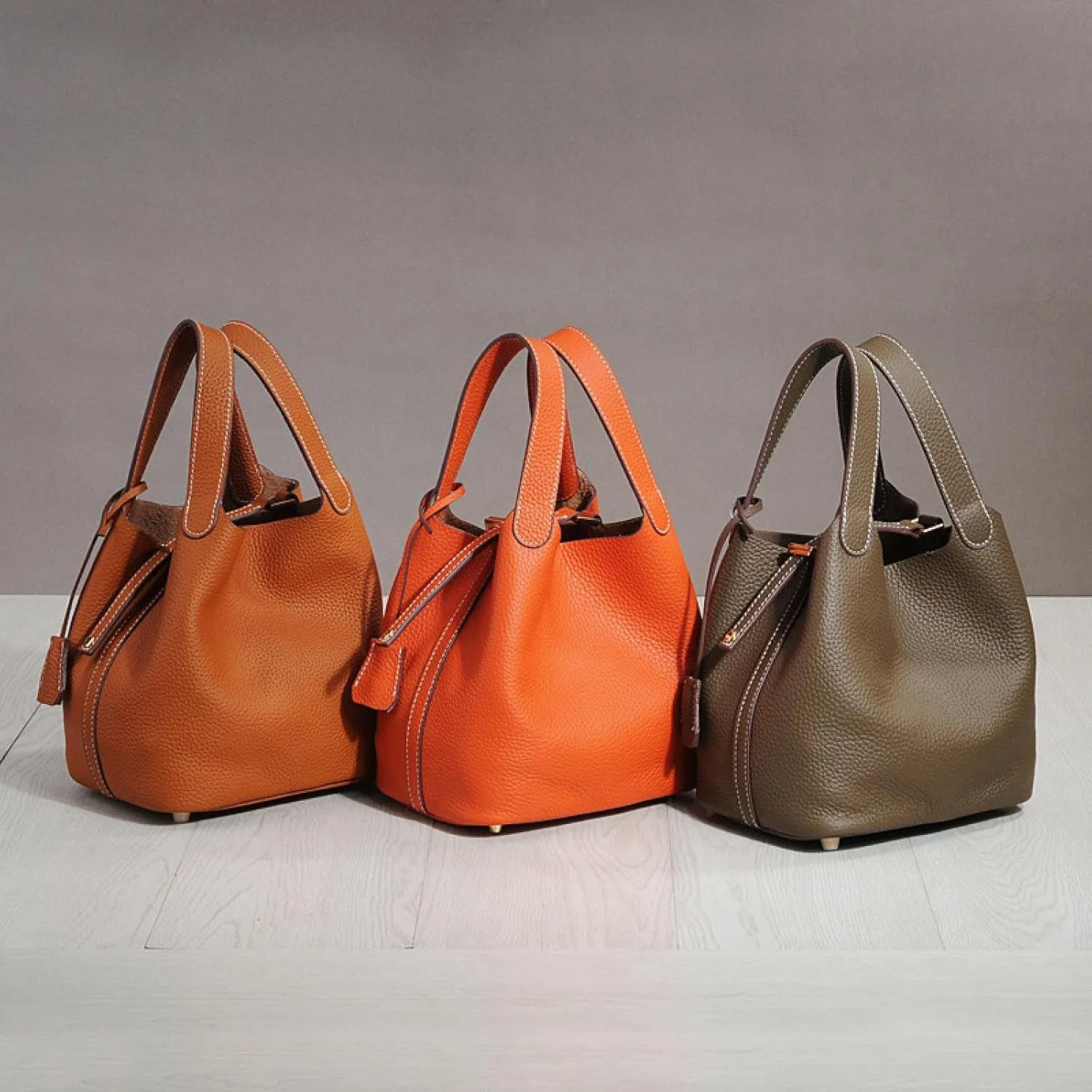 Lunch Bun Top Layer Cowhide Bucket Cabbage Basket Picnic Handbag