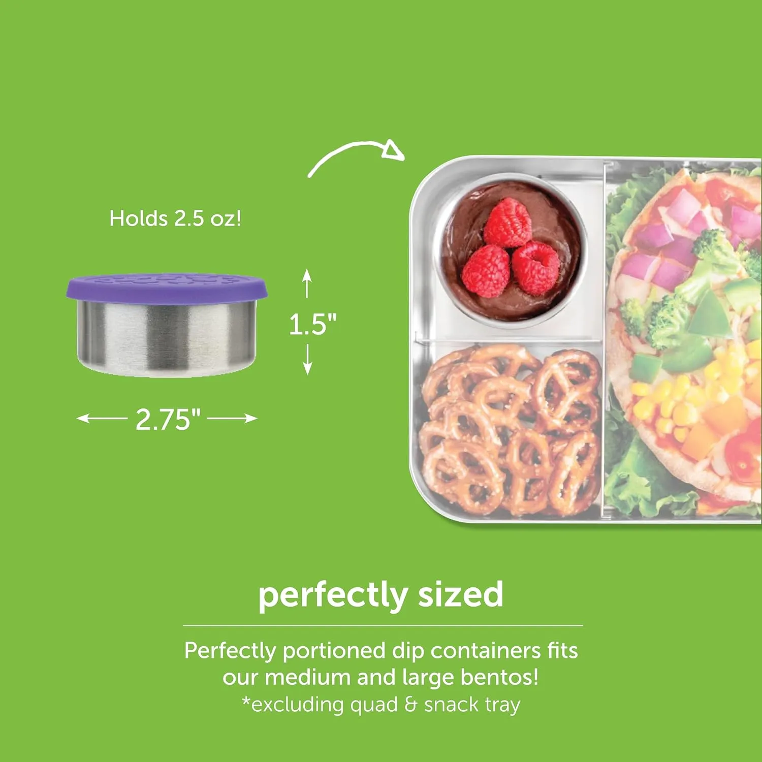 LunchBots 2.5 oz Stainless Steel Dressing Container for Condiments, Dips, Snacks, Dipping Sauce Cups with Silicone Lid, Fits in Lunch Bags and Bento Boxes - Set of 2 (Purple)