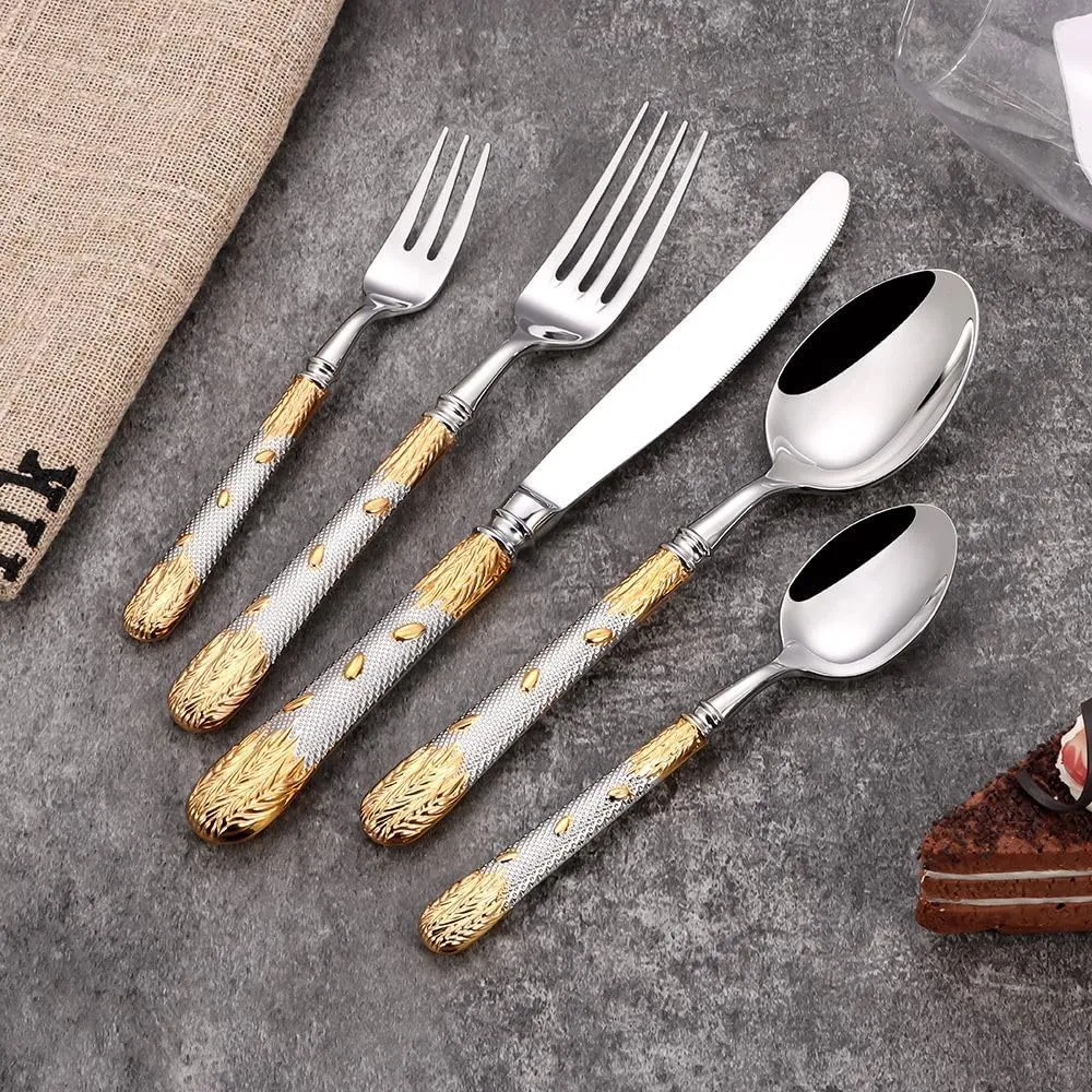 Luxury 20-Piece Wheat Ear Design Silverware Set, Premium 18/10 Stainless Steel Flatware, Serving 4. (Gold & Silver)