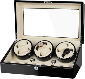 Luxury Wood Automatic Rotate Watch Winder 6 7 Storage Display Case Piano Paint Leather Pillow Japan Silent Motor Storages Box (Black a)