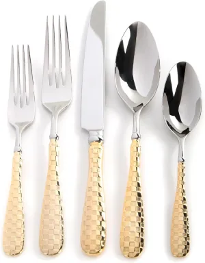MACKENZIE-CHILDS 5-Piece Flatware Set, Cute Silverware Set with Salad Fork, Dinner Fork, Knife, Spoon, and Teaspoon, Gold Check