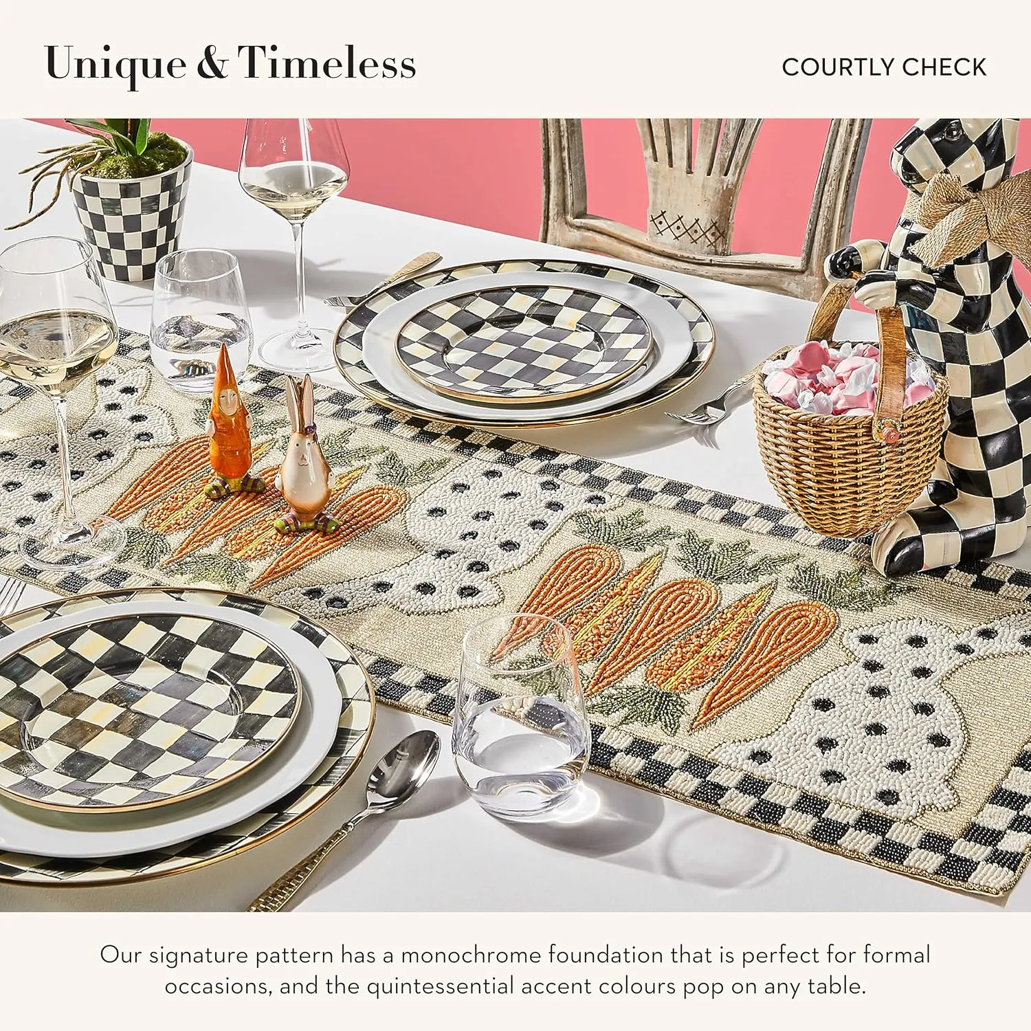 MACKENZIE-CHILDS Enamel Dinner Plate, Decorative Dinnerware Plate, 10 Inches, Set of 1, Black-and-White Courtly Check