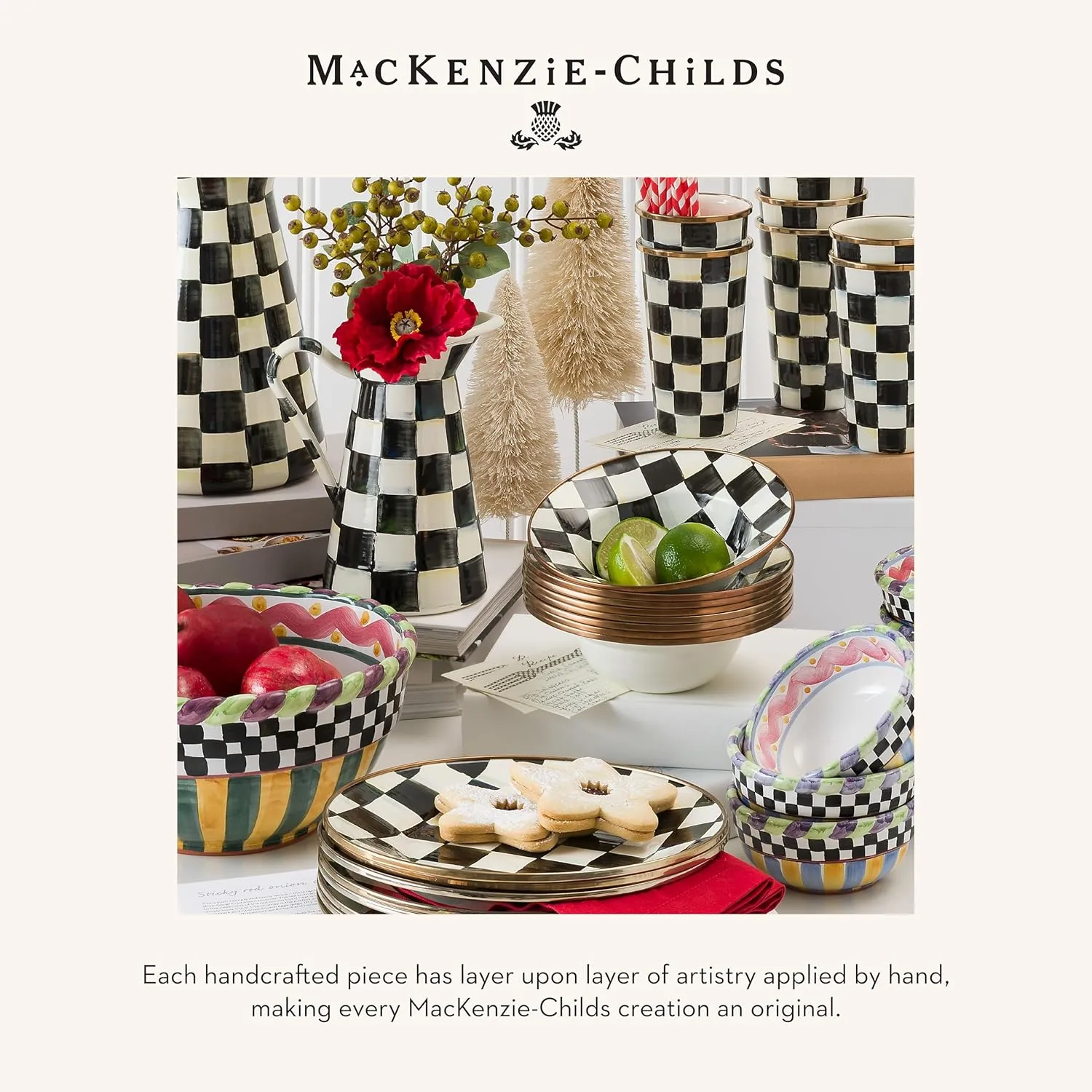 MACKENZIE-CHILDS Enamel Dinner Plate, Decorative Dinnerware Plate, 10 Inches, Set of 1, Black-and-White Courtly Check
