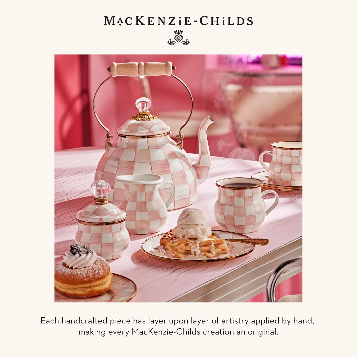 MACKENZIE-CHILDS Enamel Dinner Plate, Decorative Dinnerware Plate, 10 Inches, Set of 1, Pink-and-White Rosy Check