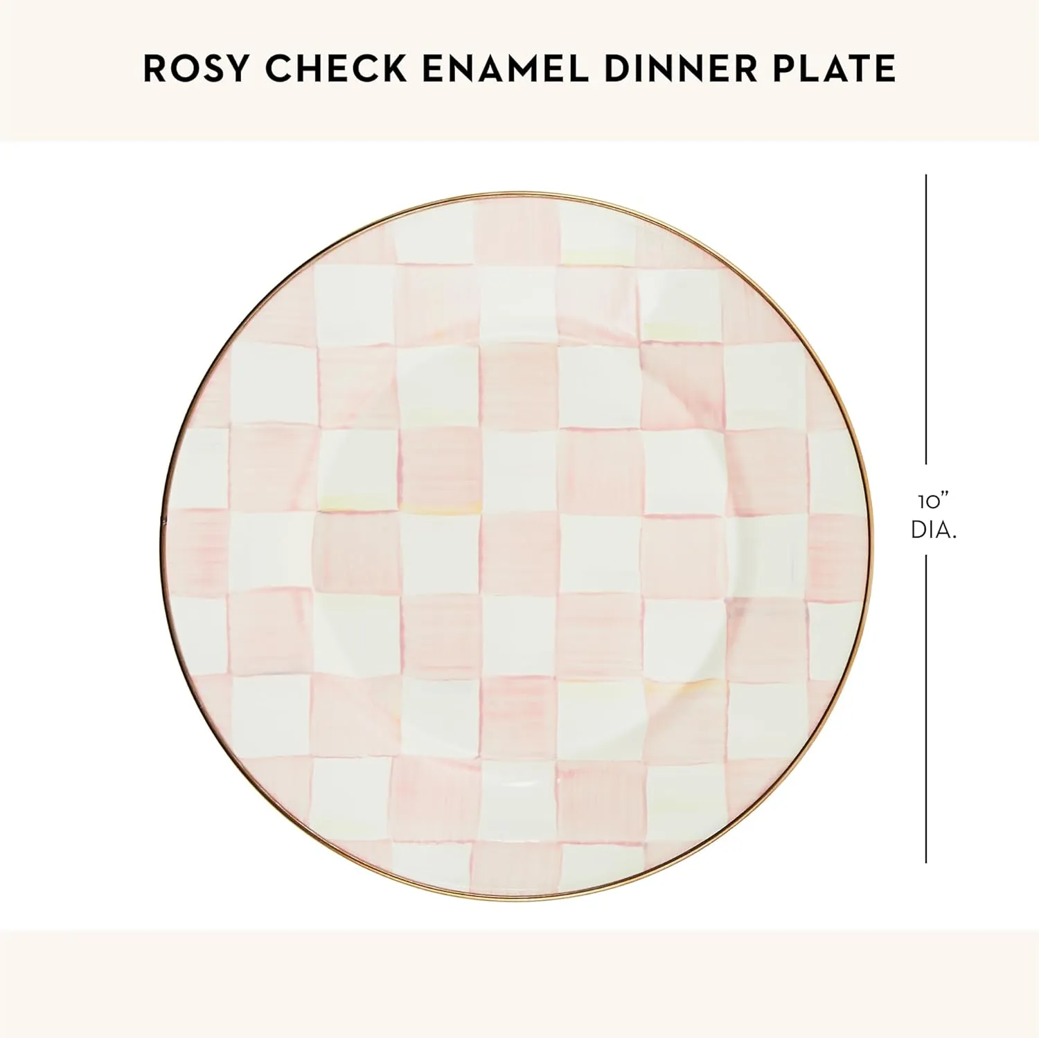 MACKENZIE-CHILDS Enamel Dinner Plate, Decorative Dinnerware Plate, 10 Inches, Set of 1, Pink-and-White Rosy Check