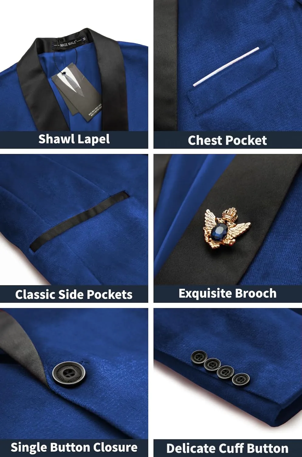 MAGE MALE Men's Velvet Slim Fit Suit Blazer Jacket Shawl Lapel One Button Dinner Prom Wedding Tuxedo