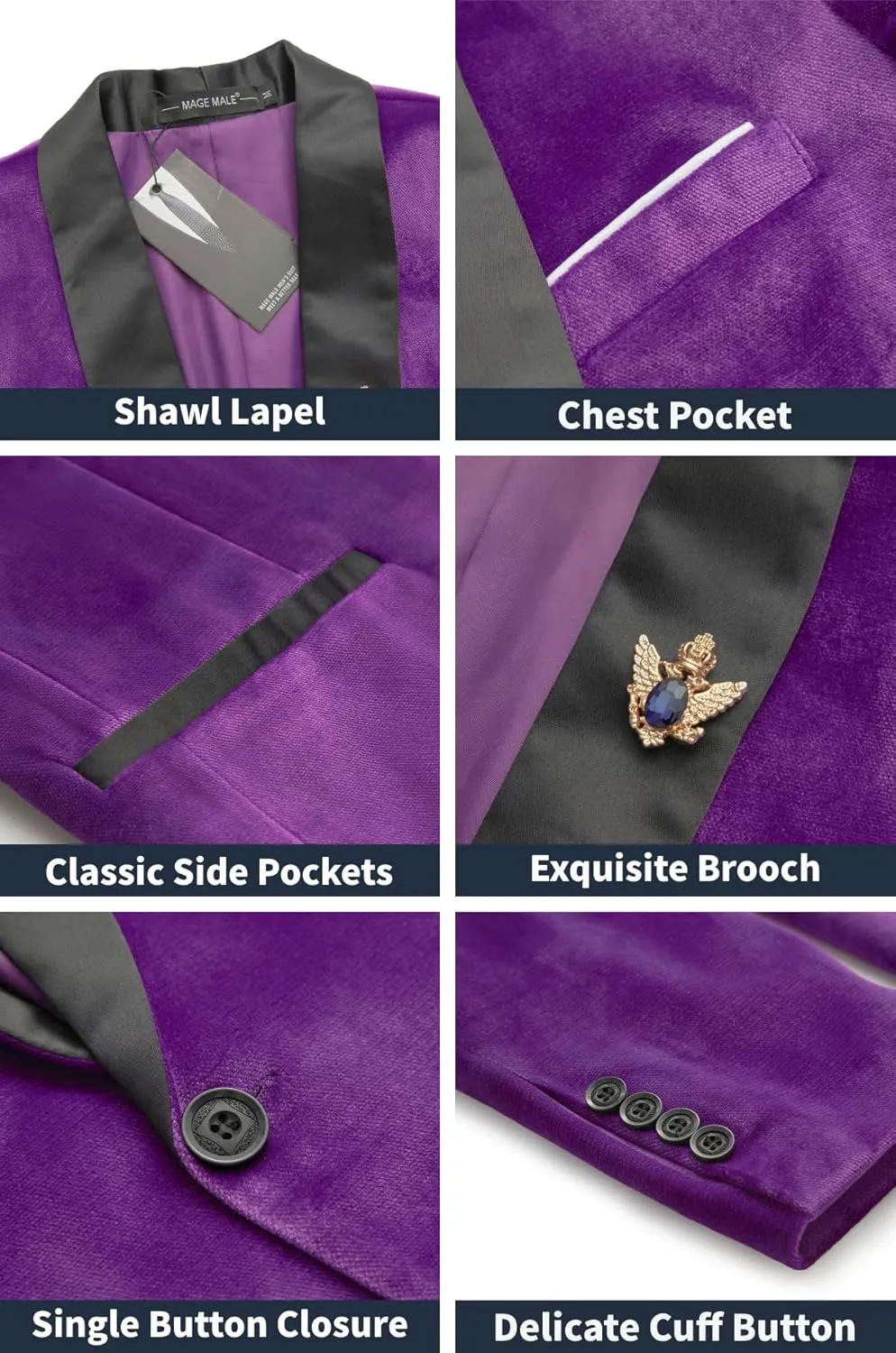 MAGE MALE Men's Velvet Slim Fit Suit Blazer Jacket Shawl Lapel One Button Dinner Prom Wedding Tuxedo
