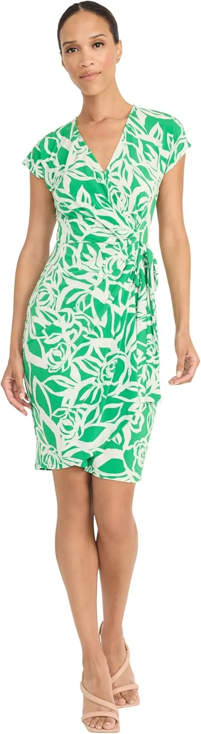 Maggy London Women's Midi Length Cap Sleeve Wrap Fitted Waist-Elegant a Line Dress