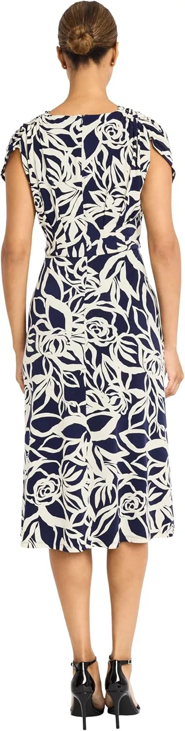 Maggy London Women's Midi Length Cap Sleeve Wrap Fitted Waist-Elegant a Line Dress