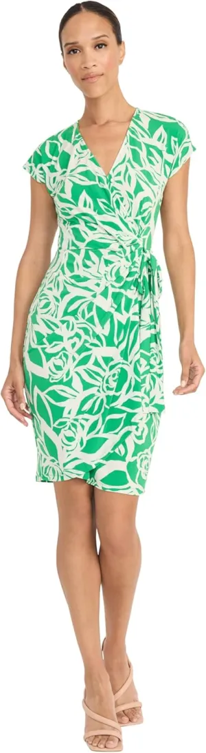 Maggy London Women's Midi Length Cap Sleeve Wrap Fitted Waist-Elegant a Line Dress
