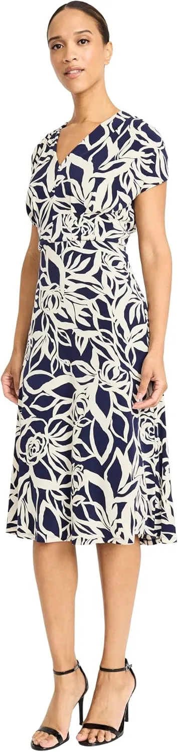 Maggy London Women's Midi Length Cap Sleeve Wrap Fitted Waist-Elegant a Line Dress