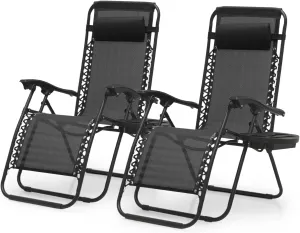 Magshion Zero Gravity Lounge Chairs Set of 2, Outdoor Patio Reclining Chair with Side Tray, Adjustable Anti-Gravity Recliners with Pillow Headrest, Folding Lounger for Lawn Camping Beach, Black