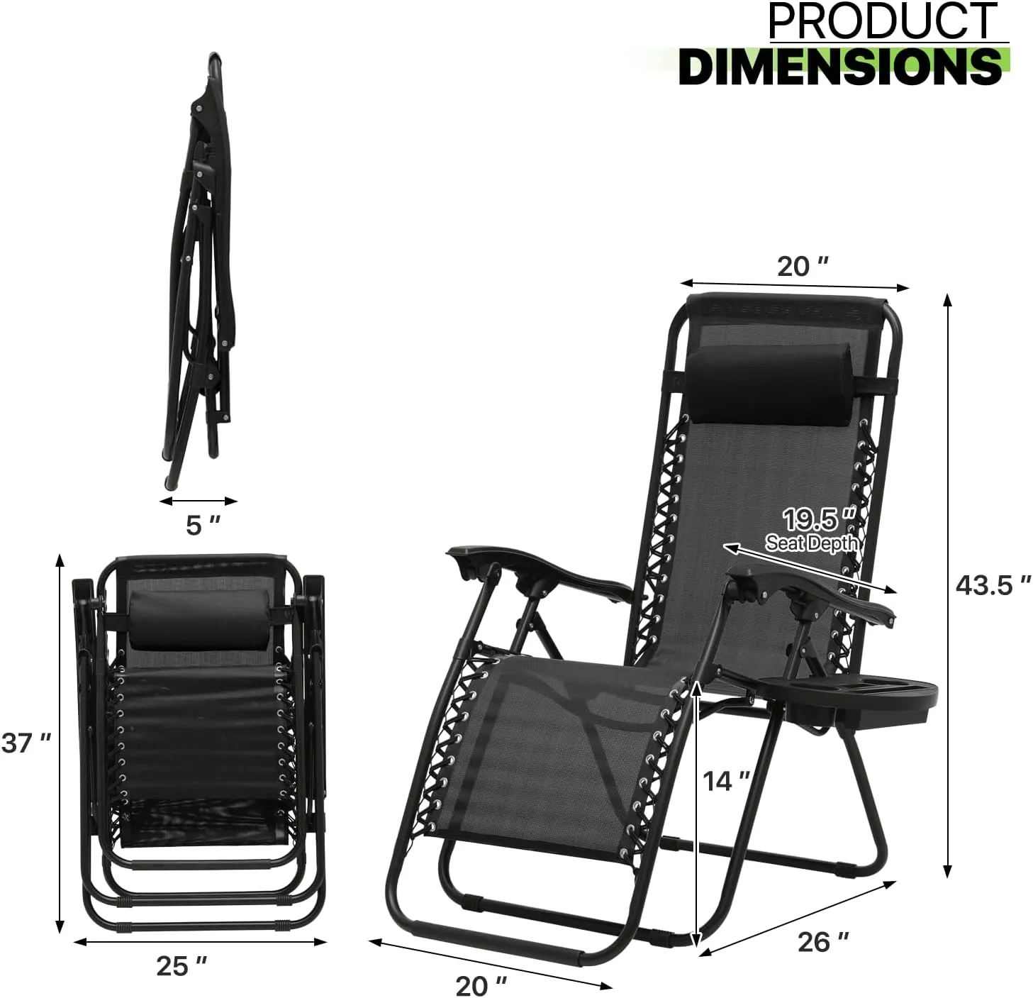 Magshion Zero Gravity Lounge Chairs Set of 2, Outdoor Patio Reclining Chair with Side Tray, Adjustable Anti-Gravity Recliners with Pillow Headrest, Folding Lounger for Lawn Camping Beach, Black