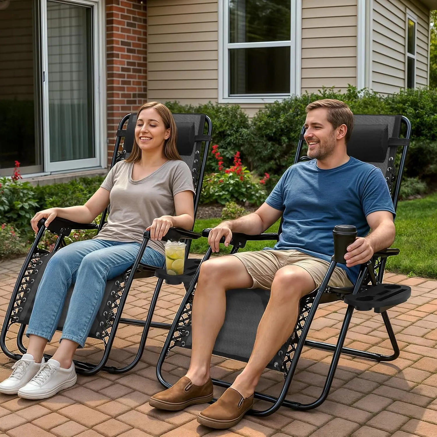 Magshion Zero Gravity Lounge Chairs Set of 2, Outdoor Patio Reclining Chair with Side Tray, Adjustable Anti-Gravity Recliners with Pillow Headrest, Folding Lounger for Lawn Camping Beach, Black