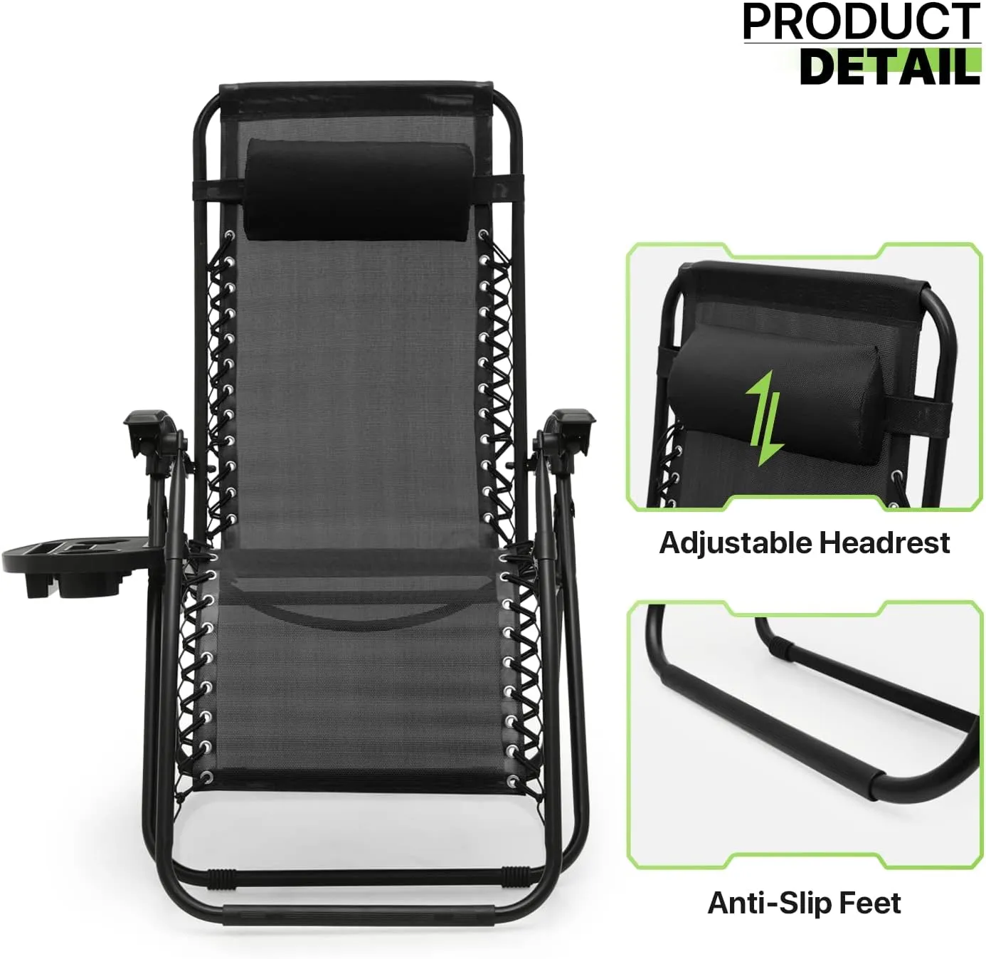 Magshion Zero Gravity Lounge Chairs Set of 2, Outdoor Patio Reclining Chair with Side Tray, Adjustable Anti-Gravity Recliners with Pillow Headrest, Folding Lounger for Lawn Camping Beach, Black