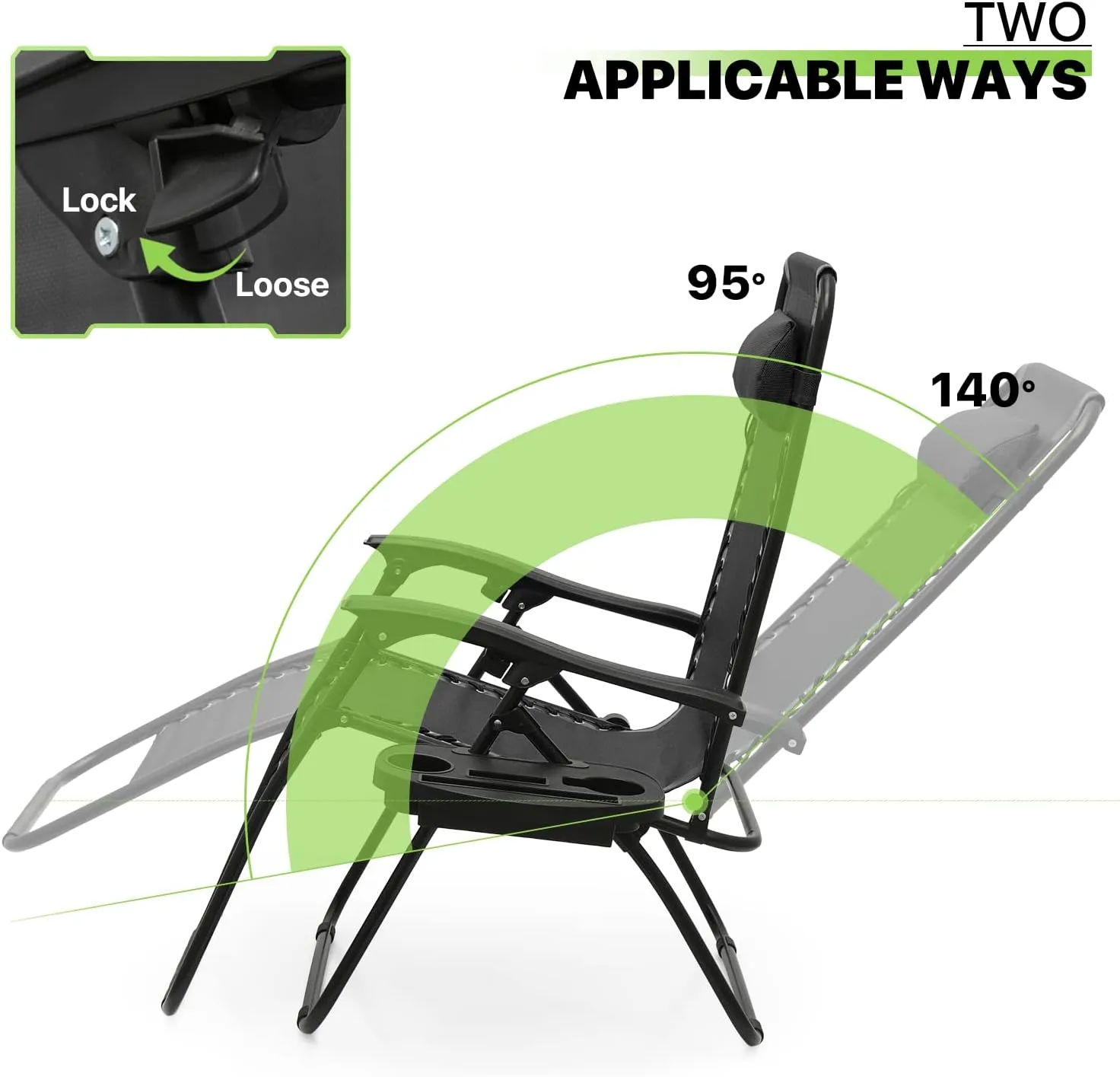 Magshion Zero Gravity Lounge Chairs Set of 2, Outdoor Patio Reclining Chair with Side Tray, Adjustable Anti-Gravity Recliners with Pillow Headrest, Folding Lounger for Lawn Camping Beach, Black
