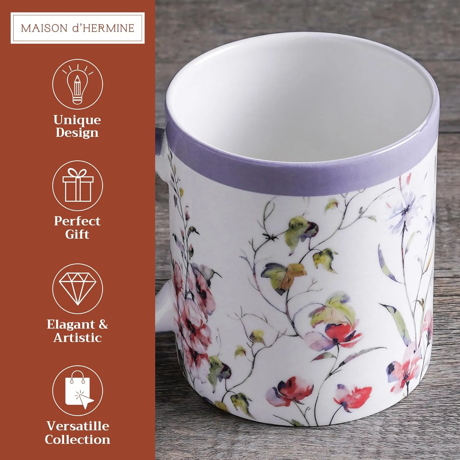 Maison d' Hermine Coffee Mug with Handles Fine Bone China Pack of One Coffee Mug for Hot Beverages Cappuccino Latte Home Restaurant Perfect for Men & Women (Summer Floral - Pink Clover, 12 Ounce)