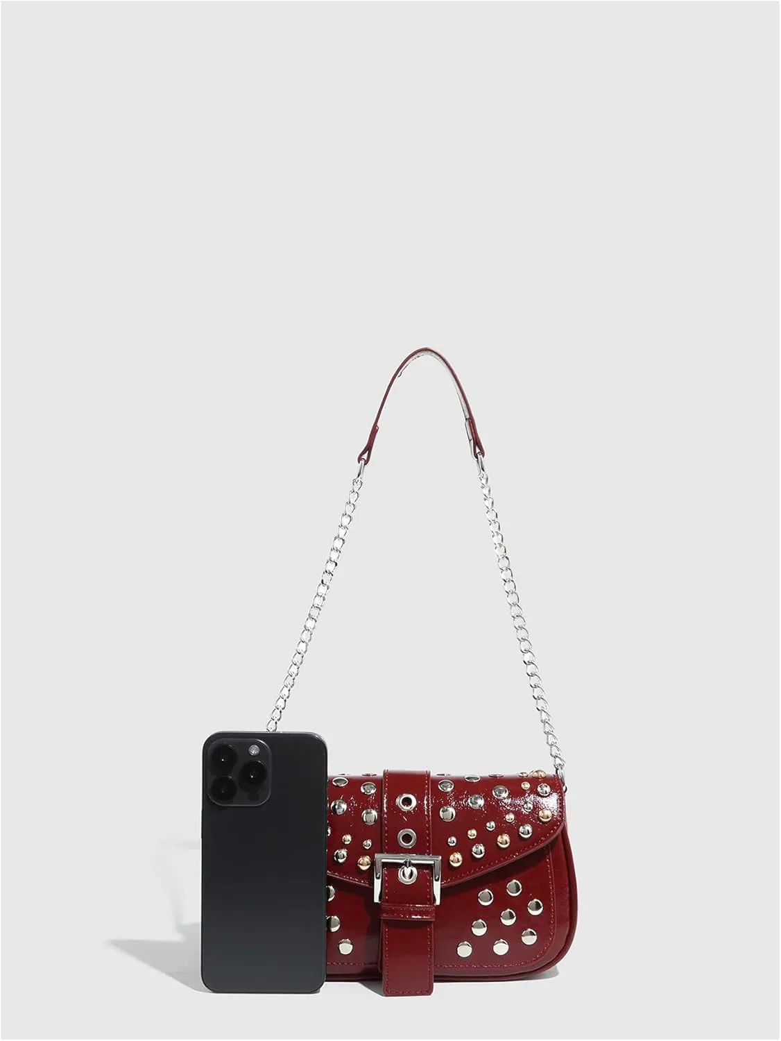 MakeMeChic Women's Chain Strap Rivet Shoulder Handbags Buckle Punk Square Bag Purse