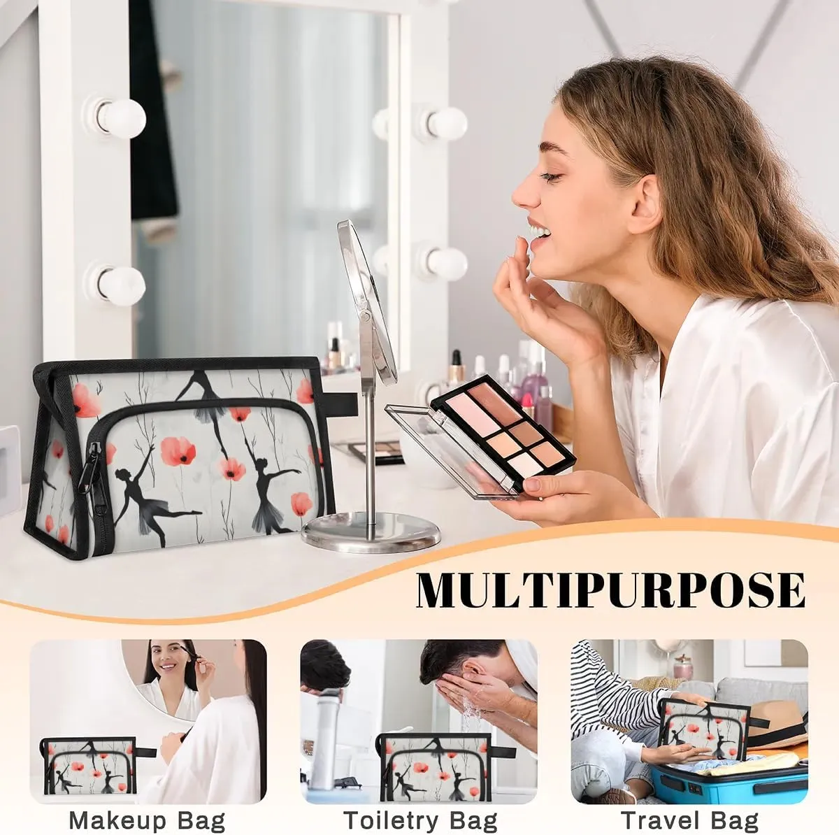 Makeup Bag Ballet Floral Travel Toiletry Bag Makeup Organizer Portable Make Up Bags for Women Cosmetic Bag with Handle