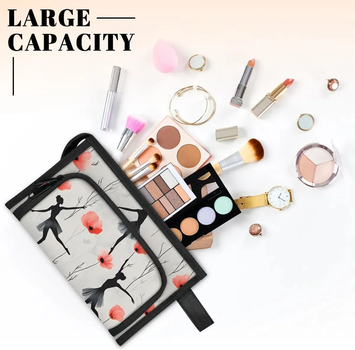 Makeup Bag Ballet Floral Travel Toiletry Bag Makeup Organizer Portable Make Up Bags for Women Cosmetic Bag with Handle