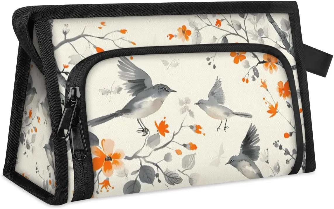 Makeup Bag Birds Flower Tree Travel Toiletry Bag Makeup Organizer Portable Make Up Bags for Women Cosmetic Bag with Handle