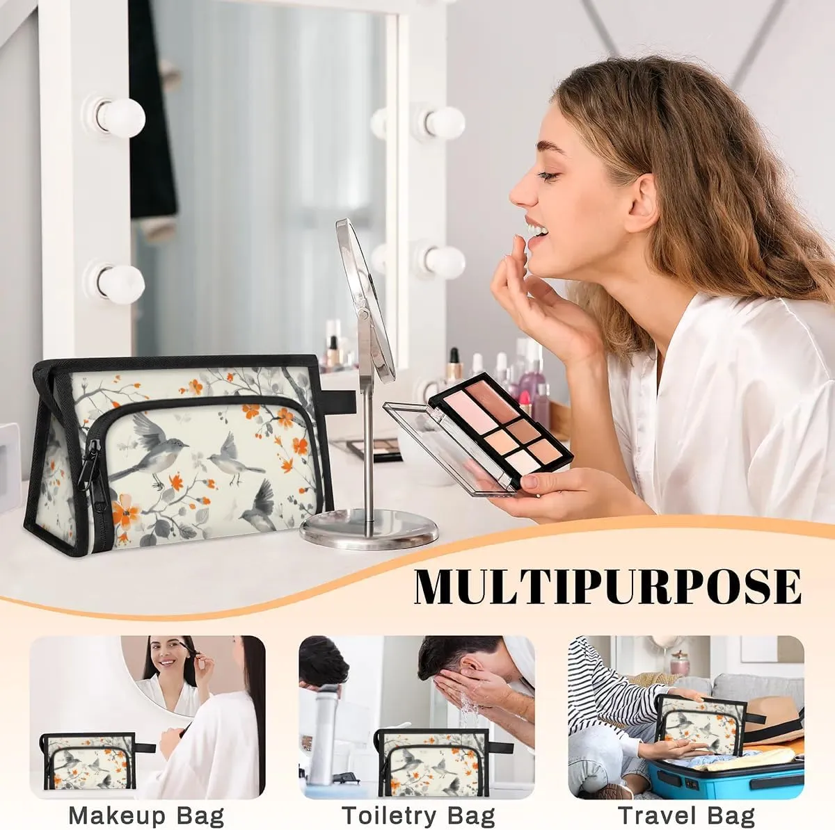 Makeup Bag Birds Flower Tree Travel Toiletry Bag Makeup Organizer Portable Make Up Bags for Women Cosmetic Bag with Handle