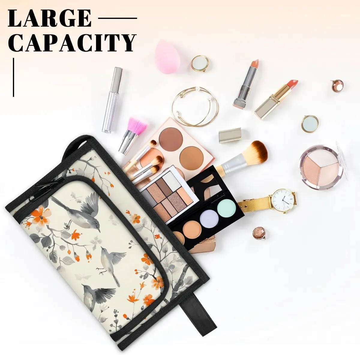 Makeup Bag Birds Flower Tree Travel Toiletry Bag Makeup Organizer Portable Make Up Bags for Women Cosmetic Bag with Handle