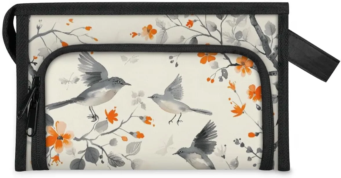 Makeup Bag Birds Flower Tree Travel Toiletry Bag Makeup Organizer Portable Make Up Bags for Women Cosmetic Bag with Handle