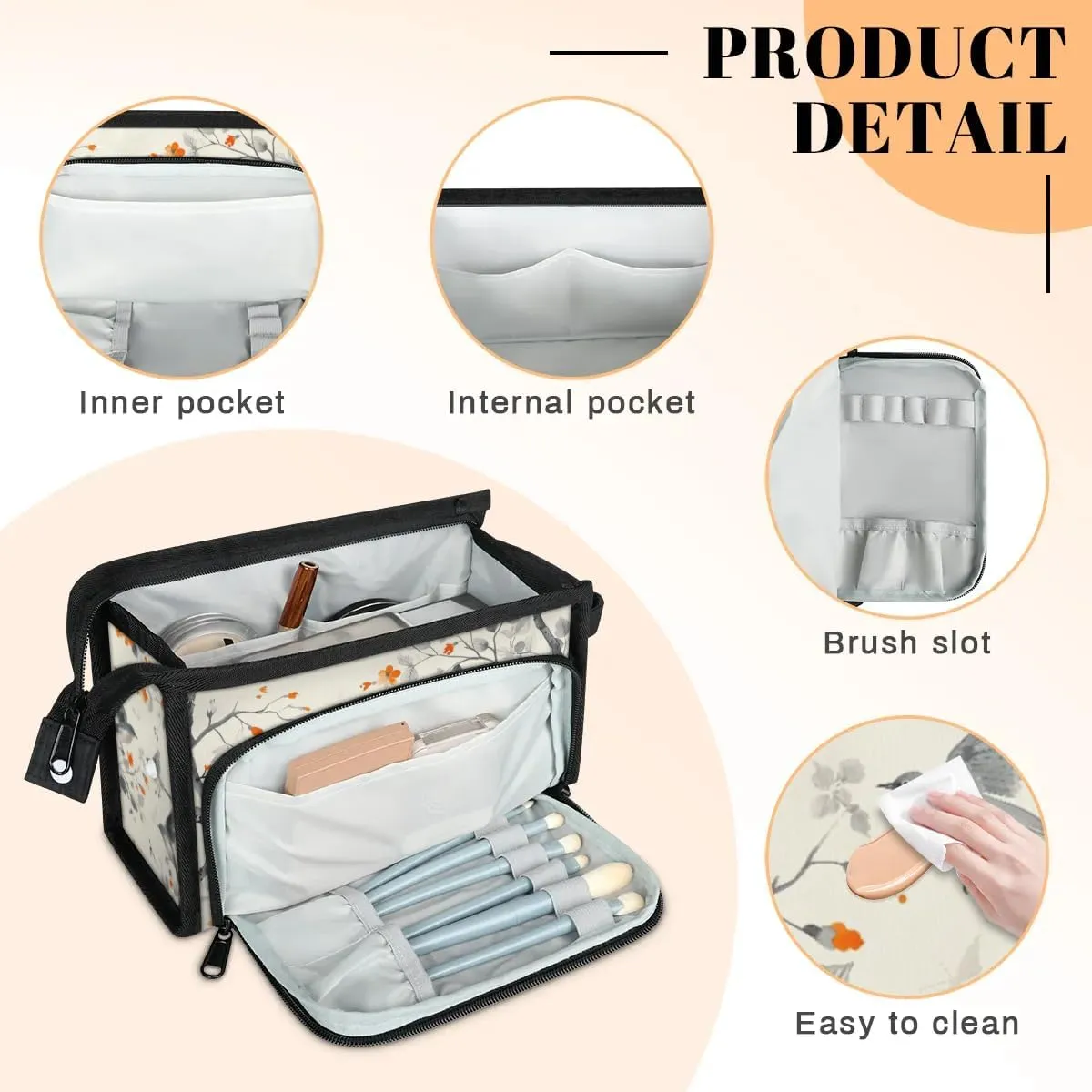 Makeup Bag Birds Flower Tree Travel Toiletry Bag Makeup Organizer Portable Make Up Bags for Women Cosmetic Bag with Handle