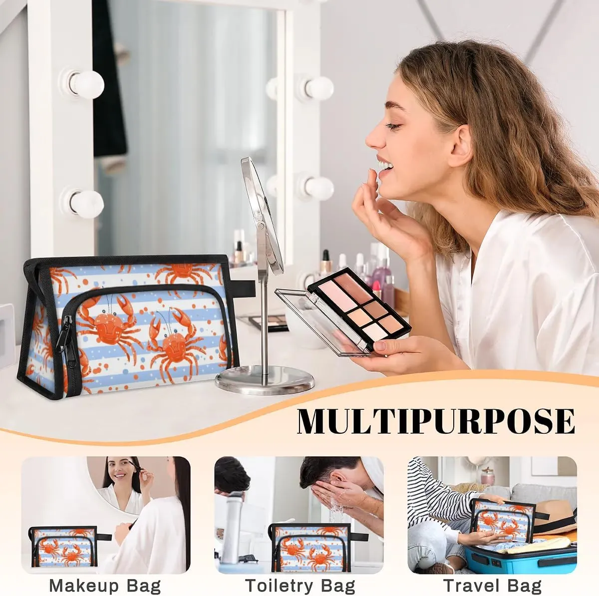 Makeup Bag Crabs Stripes Travel Toiletry Bag Makeup Organizer Portable Make Up Bags for Women Cosmetic Bag with Handle