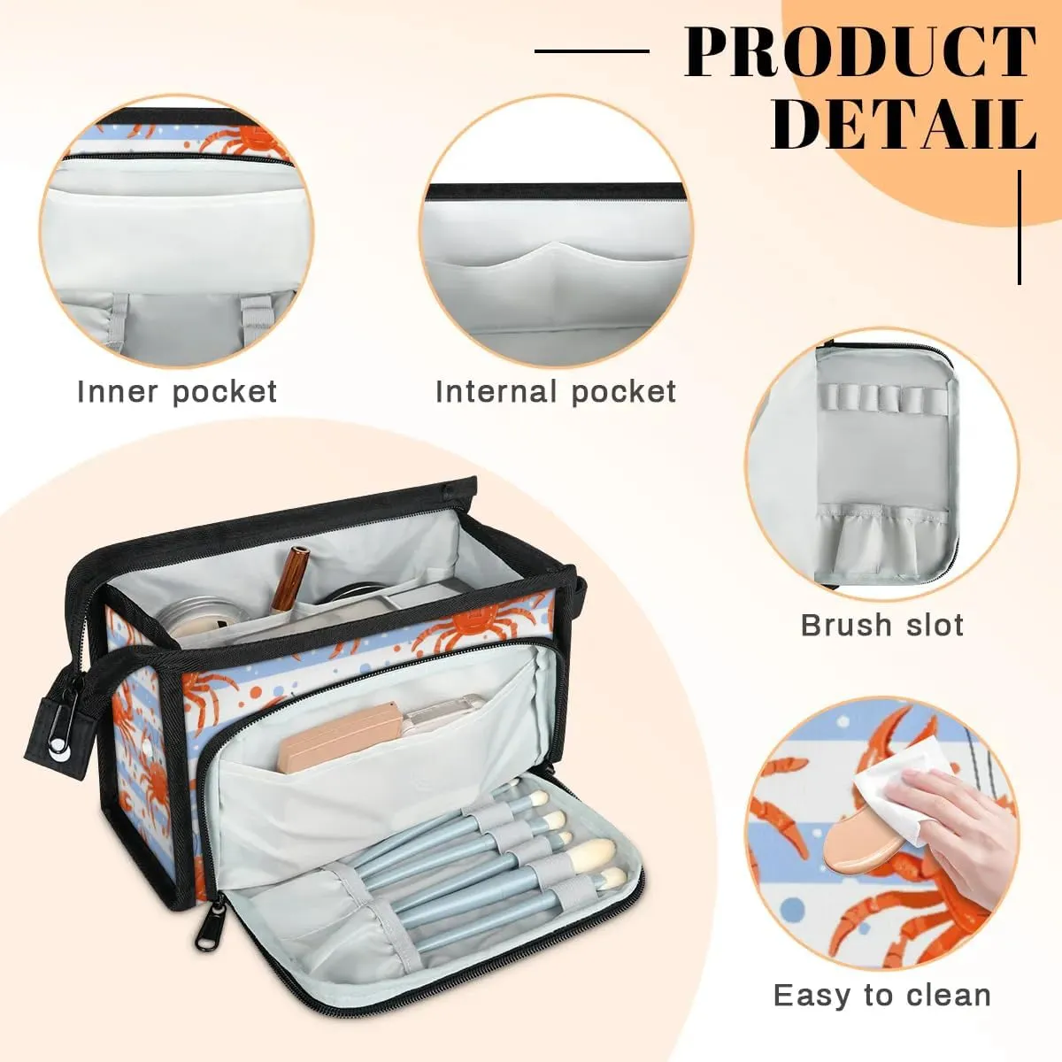 Makeup Bag Crabs Stripes Travel Toiletry Bag Makeup Organizer Portable Make Up Bags for Women Cosmetic Bag with Handle