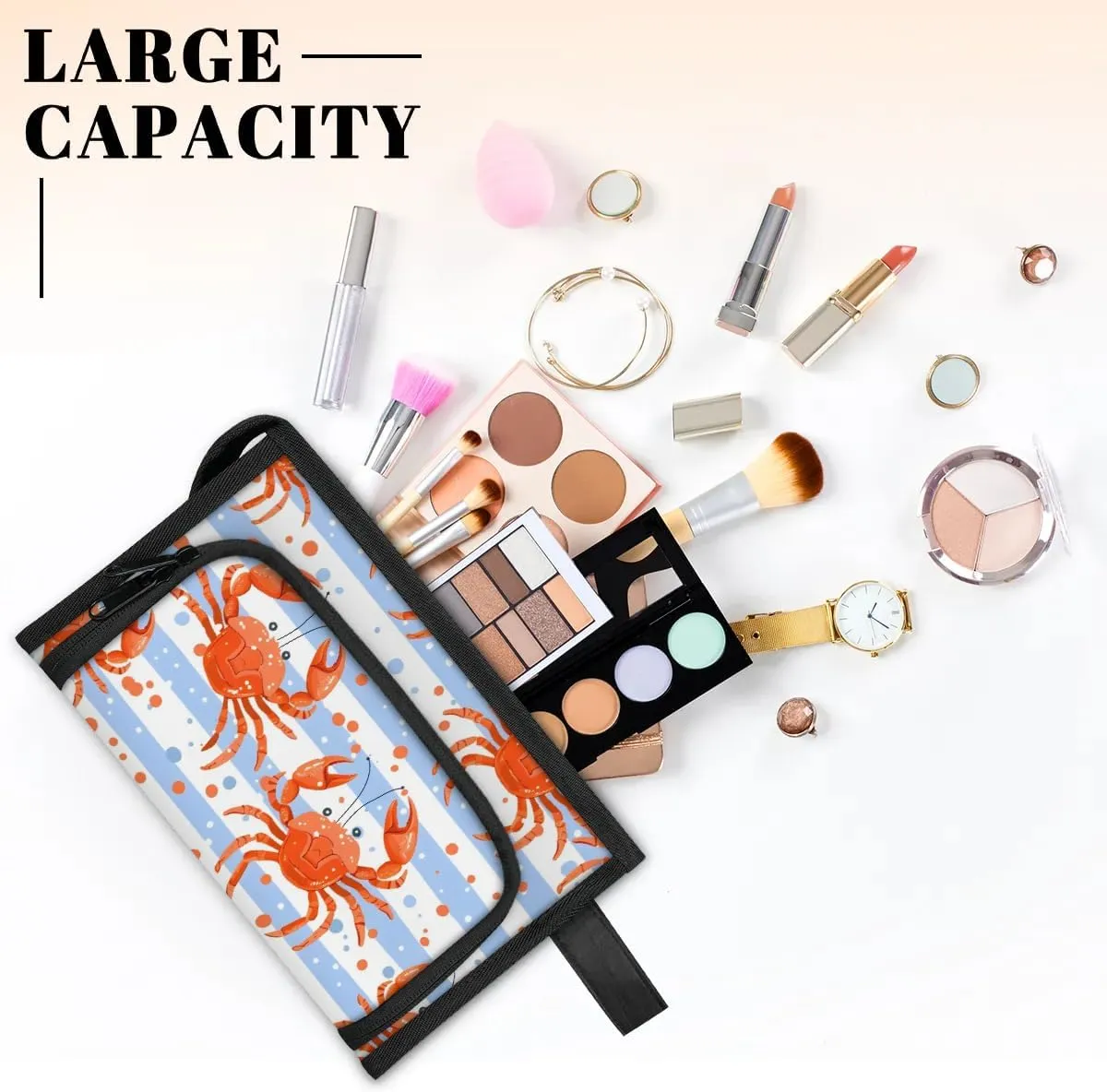 Makeup Bag Crabs Stripes Travel Toiletry Bag Makeup Organizer Portable Make Up Bags for Women Cosmetic Bag with Handle