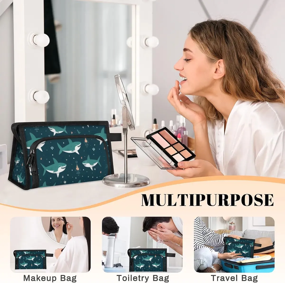 Makeup Bag Cute Shark Travel Toiletry Bag Makeup Organizer Portable Make Up Bags for Women Cosmetic Bag with Handle