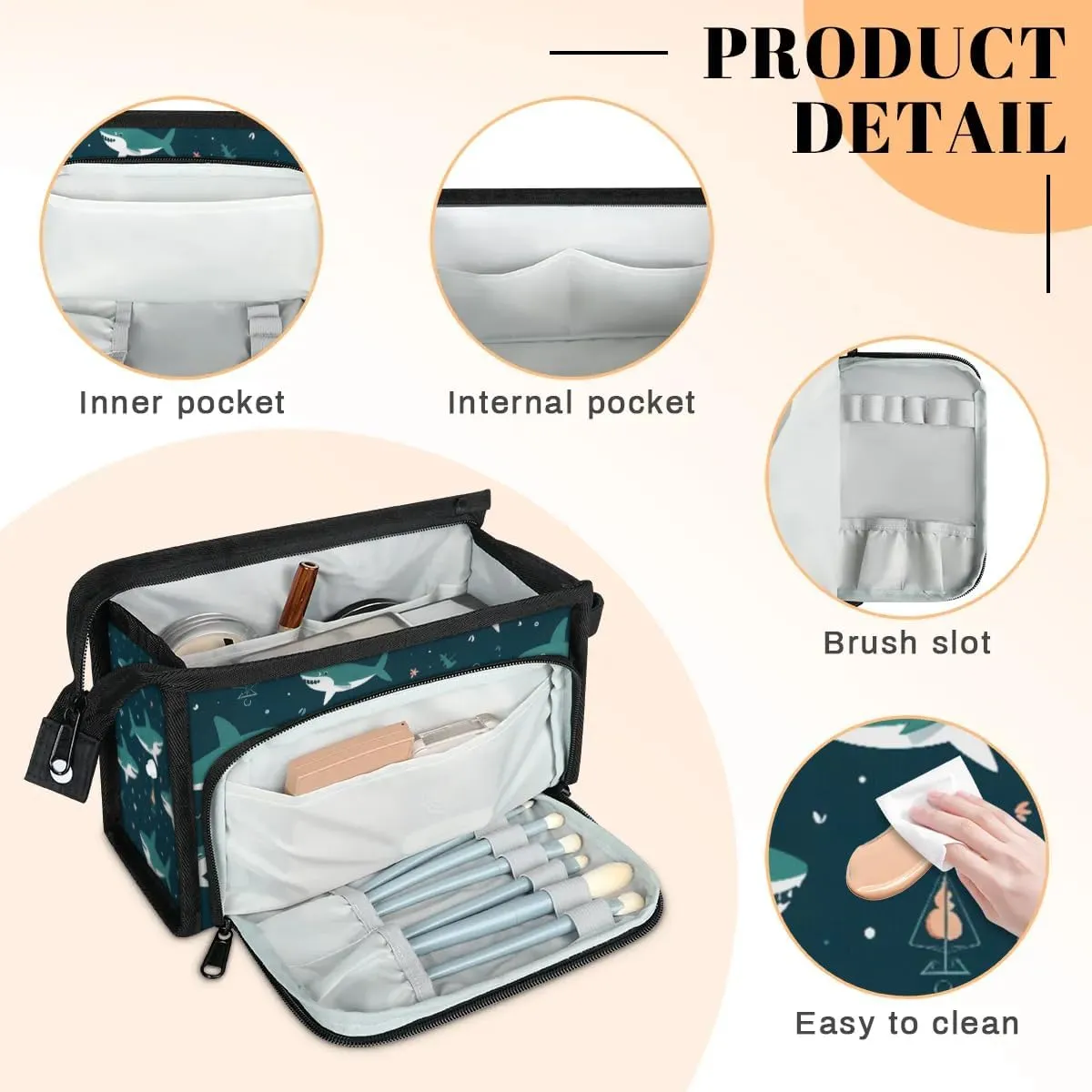 Makeup Bag Cute Shark Travel Toiletry Bag Makeup Organizer Portable Make Up Bags for Women Cosmetic Bag with Handle