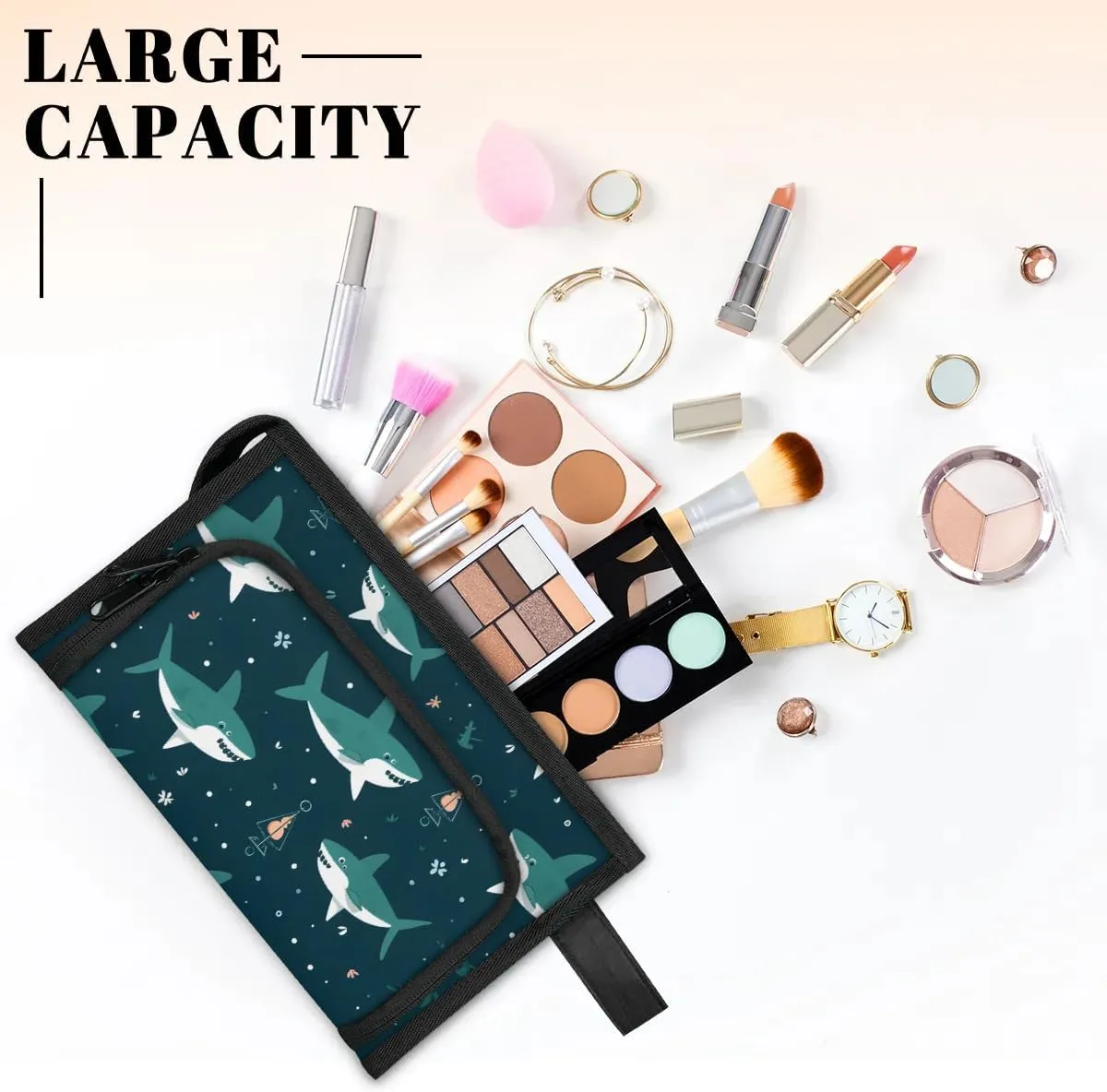 Makeup Bag Cute Shark Travel Toiletry Bag Makeup Organizer Portable Make Up Bags for Women Cosmetic Bag with Handle