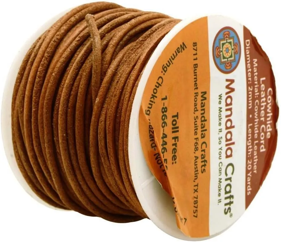 Mandala Crafts Round Cowhide Genuine Rust Leather Cord for Jewelry Making Kumihimo Leather Rope Spool - Rust Leather String Lace - 20 Yds 2mm Leather Cording