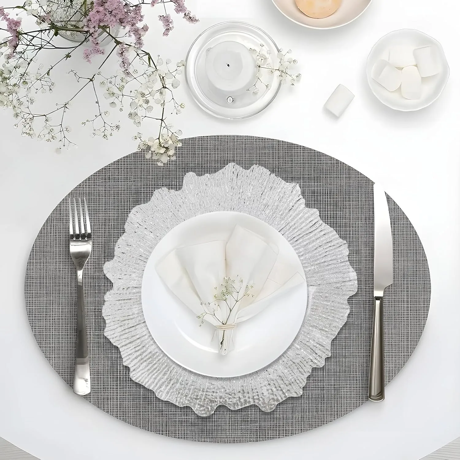 MAONAME 13" Clear Charger Plates, Round Reef Chargers for Dinner Plates, Plastic Plate Chargers for Table Setting, Wedding Decor, Set of 8