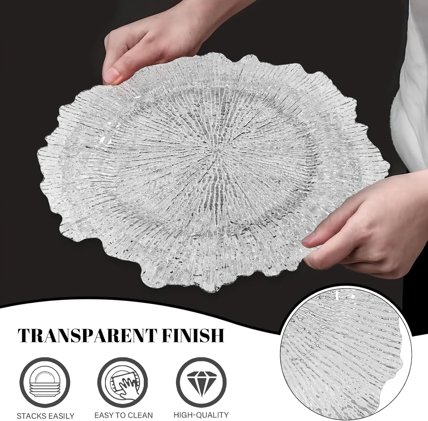MAONAME 13" Clear Charger Plates, Round Reef Chargers for Dinner Plates, Plastic Plate Chargers for Table Setting, Wedding Decor, Set of 8