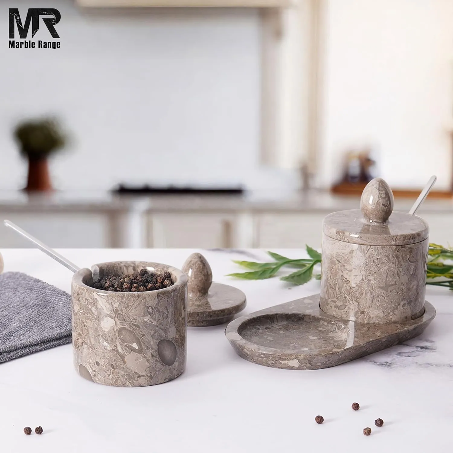 Marble Salt Cellar with Lid 4 Inch Oceanic Handcrafted Container with Spoon & Tray, Decorative Set of 2 Salt and Pepper Bowl for Kitchen Countertop, Spices, Sugar, Herbs & Seasoning Storage