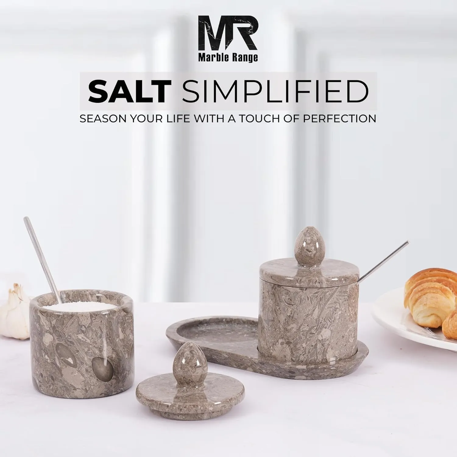 Marble Salt Cellar with Lid 4 Inch Oceanic Handcrafted Container with Spoon & Tray, Decorative Set of 2 Salt and Pepper Bowl for Kitchen Countertop, Spices, Sugar, Herbs & Seasoning Storage