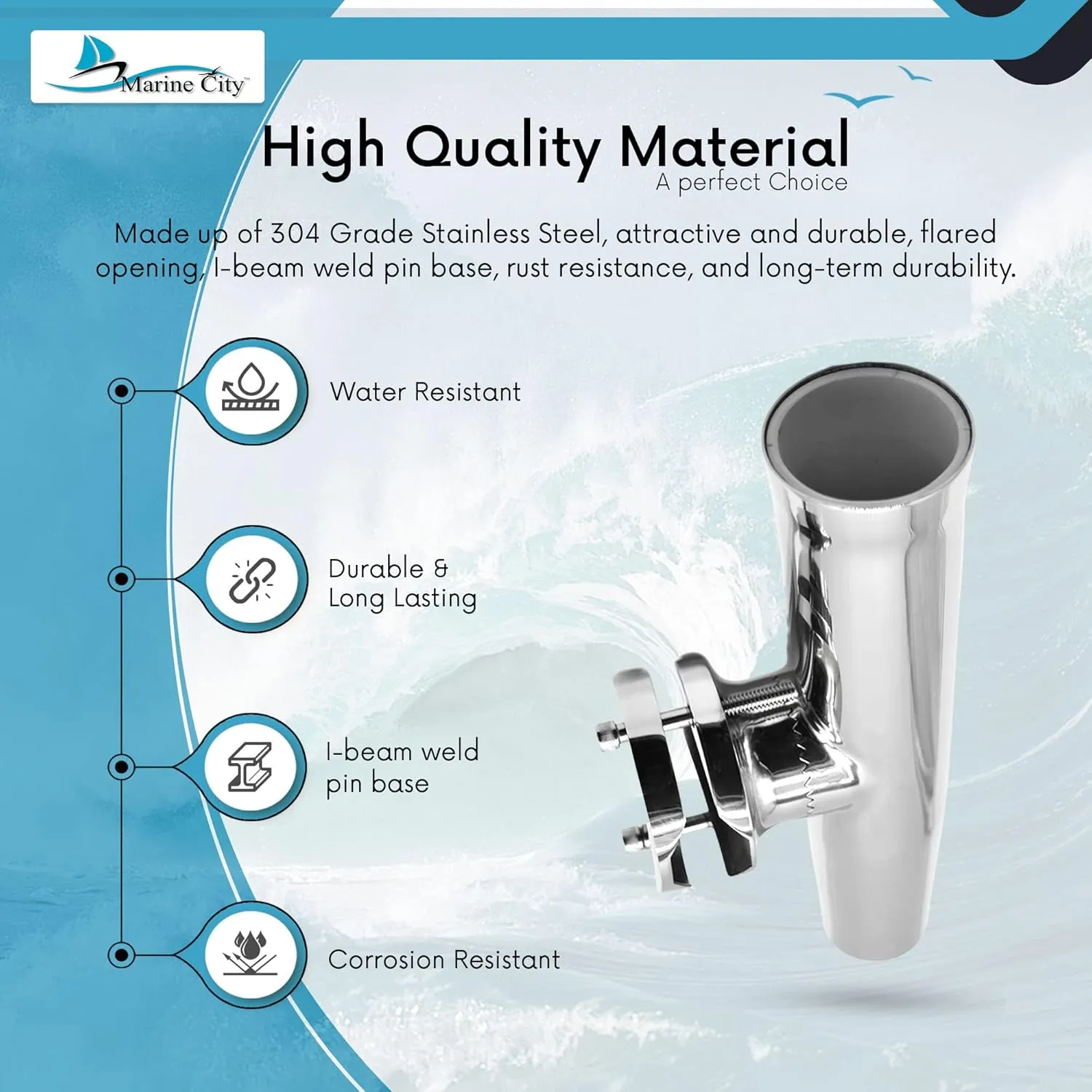 MARINE CITY 304 Grade Stainless Steel Heavy Duty Strong Clamp-on Adjustable Fishing Rod Holder
