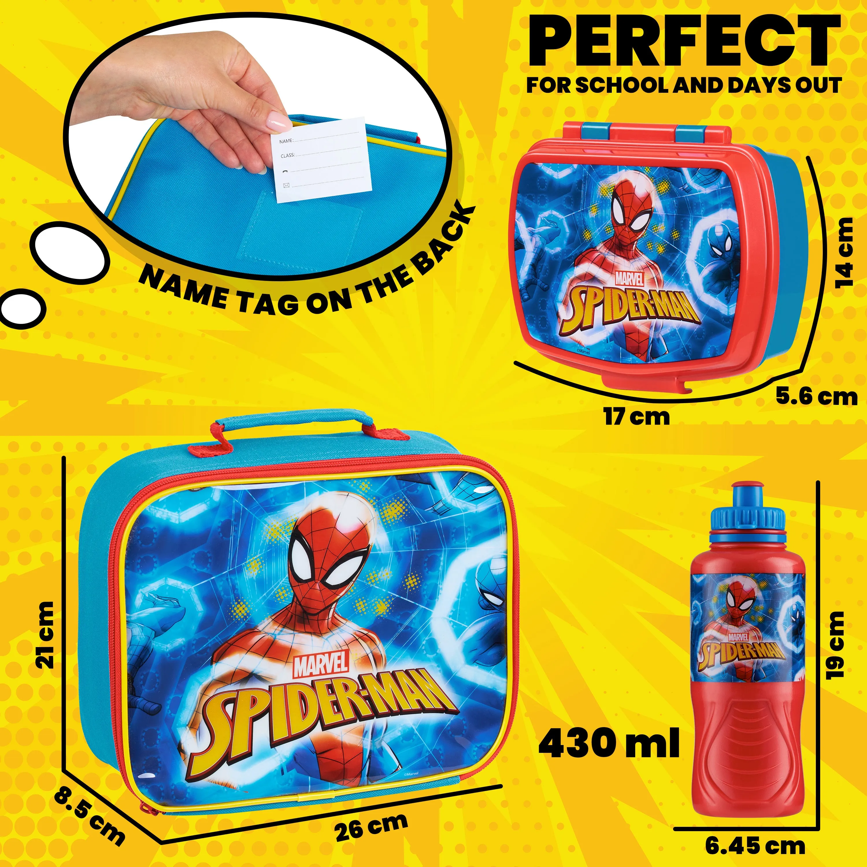 Marvel Kids Lunch Box 3 Piece Set Avengers Insulated Lunch Bag Snack Box 430ml Spiderman Water Bottle BPA Free School Travel Captain America Iron Man Thor (Multicolor Spiderman)