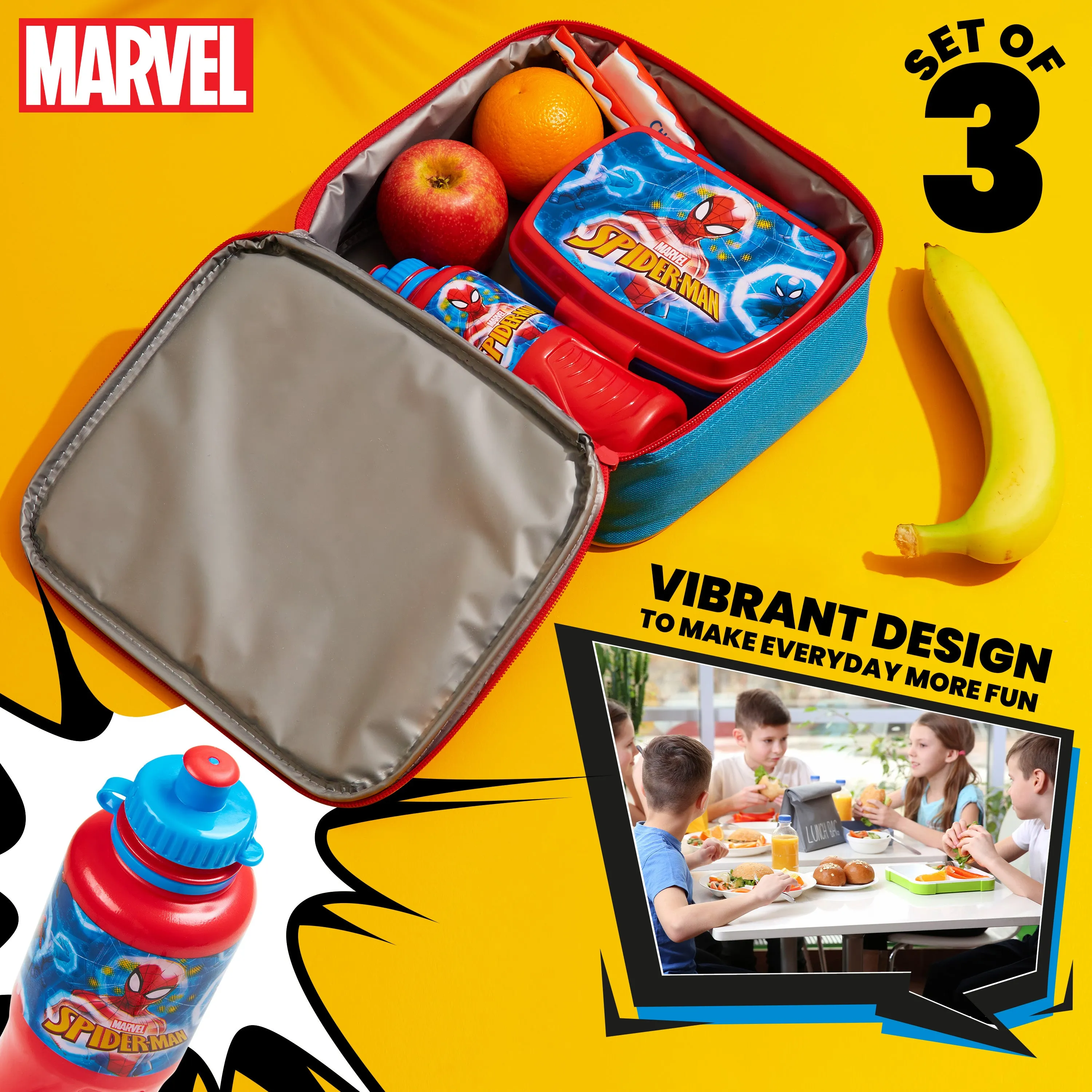 Marvel Kids Lunch Box 3 Piece Set Avengers Insulated Lunch Bag Snack Box 430ml Spiderman Water Bottle BPA Free School Travel Captain America Iron Man Thor (Multicolor Spiderman)